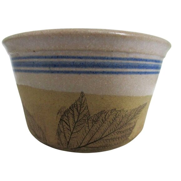 Artisan Pottery Bowl With Leaf Imprint & Blue Stripes - Vintage 1989 Signed - Picture 2 of 6